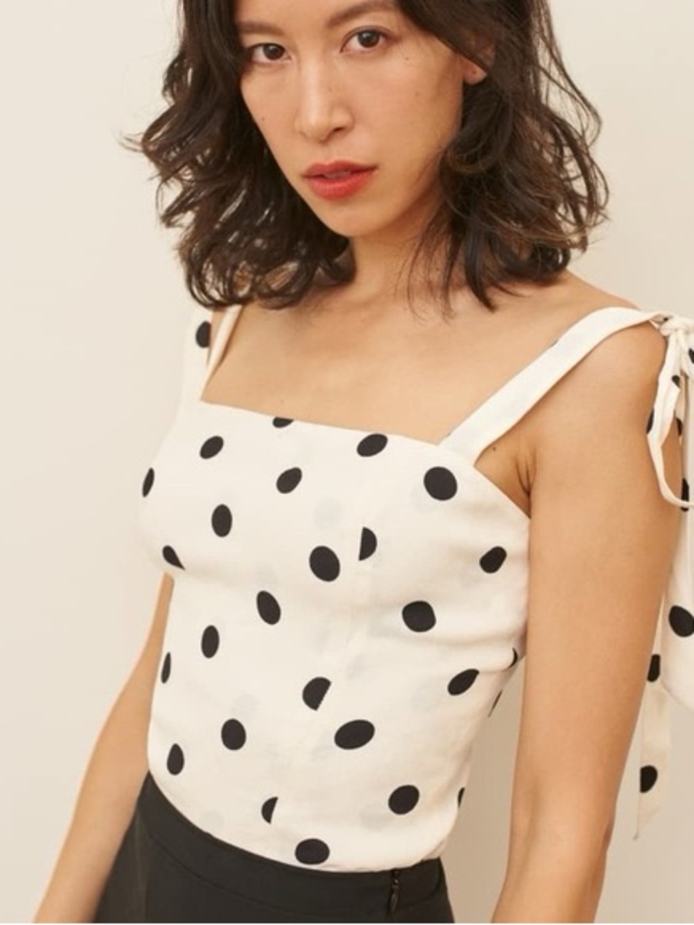 Reformation Ellora Polka Dot Tie-Shoulder Crepe Crop Top - Black & White / Cream